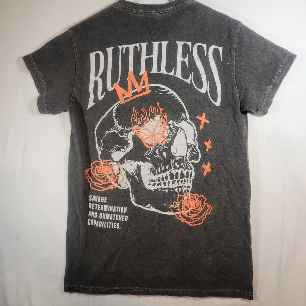 Trust The Universe Ruthless Skull Graphic T-Shirt Charcoal Gray Acid Wash Small